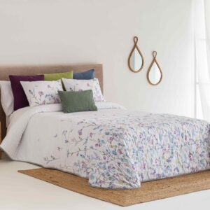 Edredón comforter estampado Fresno 02-fondo blanco con flores lilas, azules, verdes...